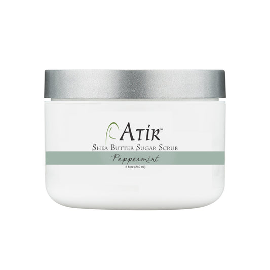ATiR Peppermint Whipped Shea Butter Sugar Scrub in jar, non-toxic exfoliant, refreshing mint scented body scrub, natural skincare for smooth feet and hands.