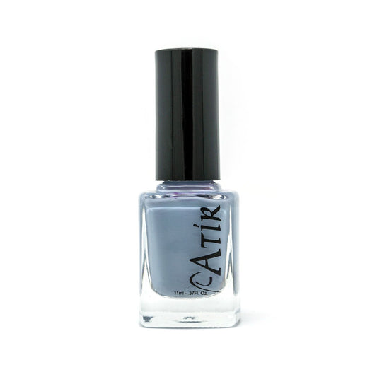 ATiR Morning Rendezvous nail polish in pale smoky blue – 21-Free, non-toxic, vegan, long-wearing formula in clear polish bottle.
