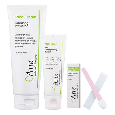 ATiR Starter Natural Nail Care Kit with Nail-trition, Nourishing Protection Hand Cream, Polishing Stone, and Glamour Fix 2N1 Top Coat for natural nail strengthening and hydration.