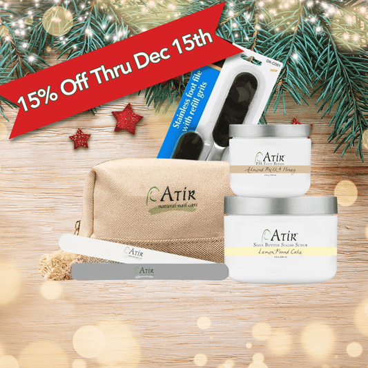 15% Off ATiR natural nail care Barefoot Bliss Pedicure Kit includes natural nail file, buffer, professional grade foot file, ATiR Shea Butter Sugar Scrub, and ATiR PM Foot Repair Cream.
