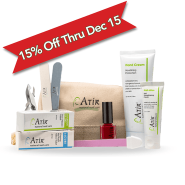 15% Off ATiR Deluxe Natural Nail Care Kit with non-toxic nail polish, base and top coats, Nail-Trition cuticle cream, hand cream, and professional nail tools for complete at-home manicure care.