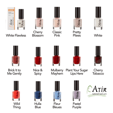 Non-Toxic nail polish color choices included in the ATiR Deluxe Natural Nail Care Kit: White Flawless, Cherry Blossom, Classic Pink, Pretty Pliees, White, Brick It to Me Gently, Nice & Spicy, Mulberry Mayhem, Plant Your Sugar Lips Here, Cherry Tobacco, Wild Thing, Hulla Blue, Fleur Bleues, Pastel Purple.