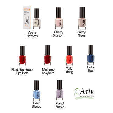 ATiR Deluxe Plus Natural Nail Care Kit Non-Toxic Polish Colors: White Flawless, Cherry Blossom, Pretty Pliees, Plant Your Sugar Lips Here, Mulberry Mayhem, Wild Thing, Hulla Blue, Fleur Bleues, Pastel Purple