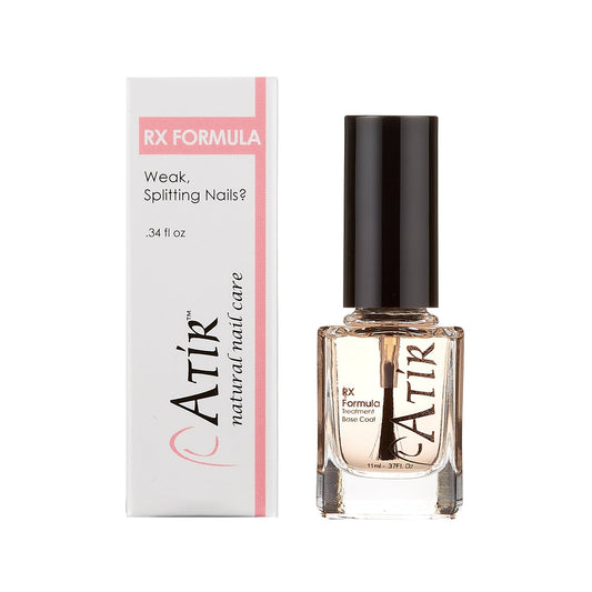 Bottle of ATiR RX Formula base coat for brittle nail repair and strength