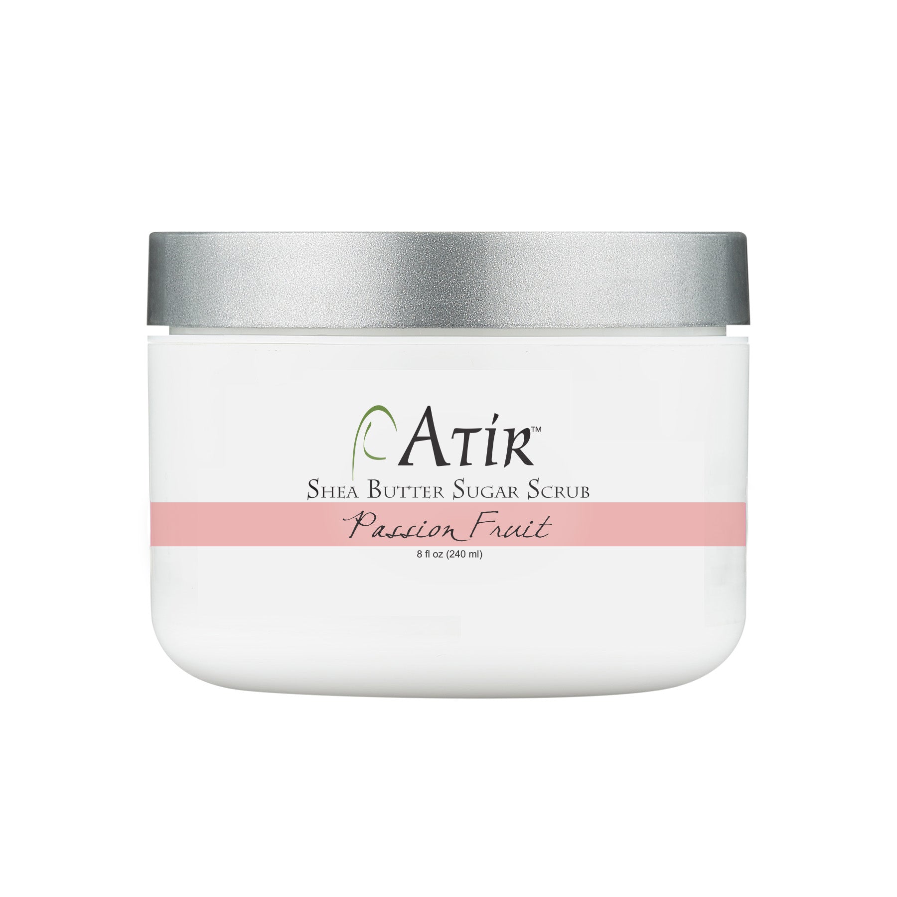 ATiR Passion Fruit Whipped Shea Butter Sugar Scrub jar, vibrant tropical scent, non-toxic body exfoliant, natural skincare for smooth skin.