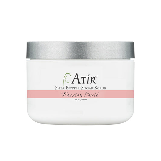 ATiR Passion Fruit Whipped Shea Butter Sugar Scrub jar, vibrant tropical scent, non-toxic body exfoliant, natural skincare for smooth skin.