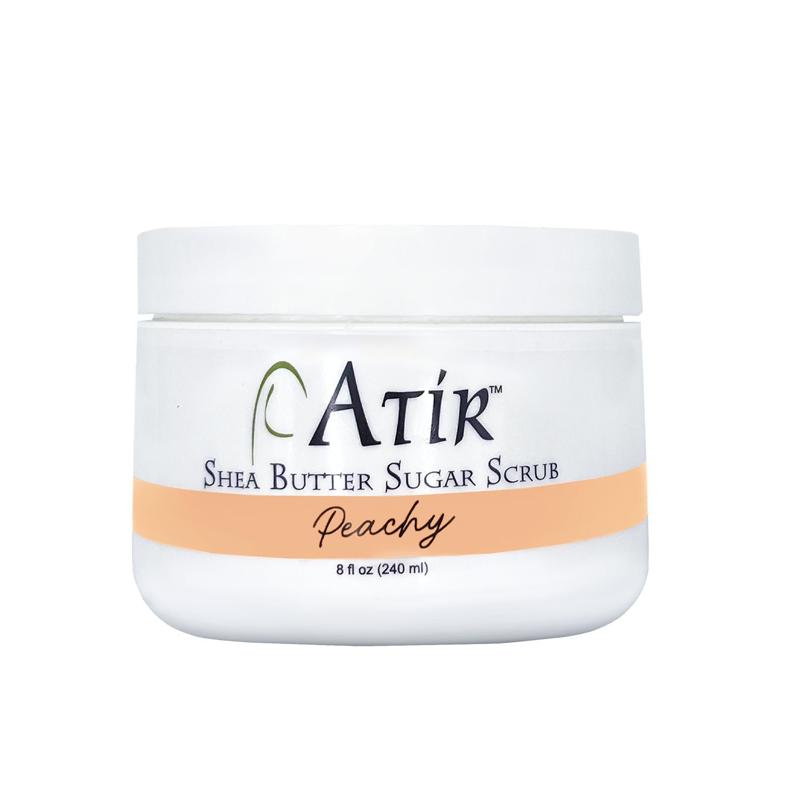 Jar of Peachy ATiR Shea Butter Sugar Scrub on a white background