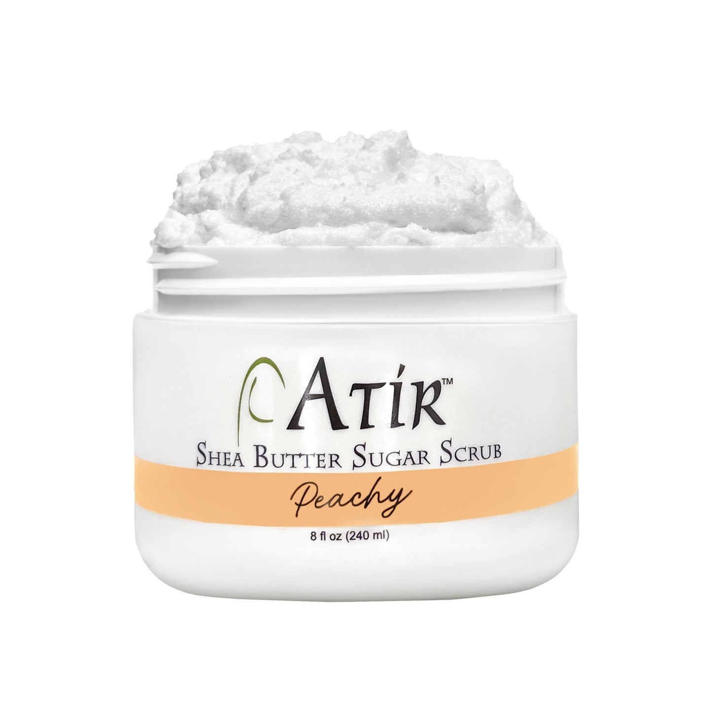 Open jar of ATiR Shea Butter Sugar Scrub with peachy scent with whipped white clouds of sugar scrub flowing to top.