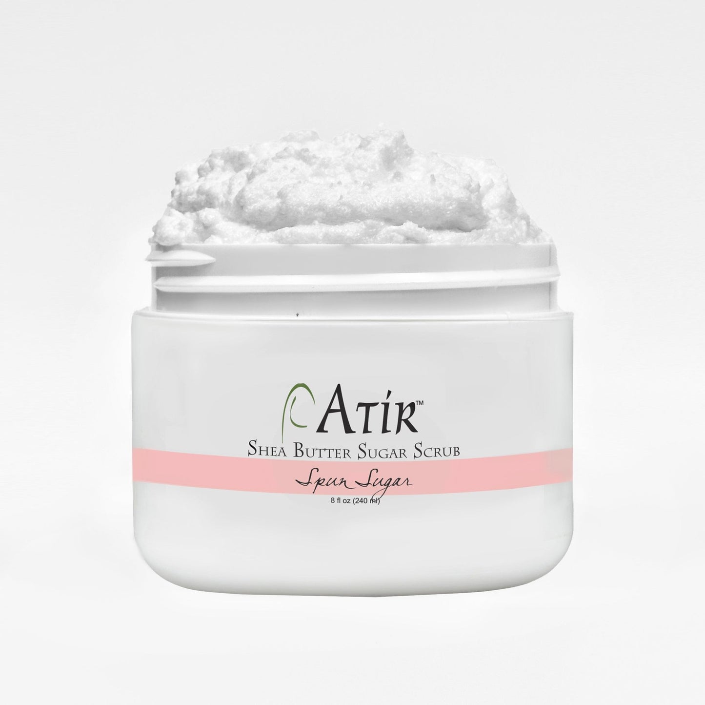 Open jar of Spun Sugar ATiR Shea Butter Sugar Scrub with whipped white scrub billowing to the top