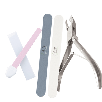 ATiR natural nail care tool kit including Polishing Stone, natural nail file, buffer, and cuticle nippers.