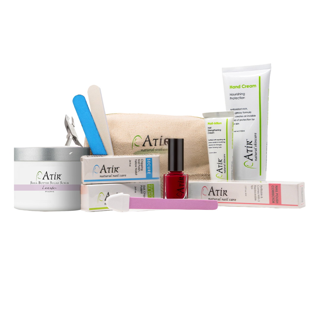 ATiR Deluxe Plus Natural Nail Care Kit with Sugar Scrub, natural nail care tools, non-toxic skin care and polish.