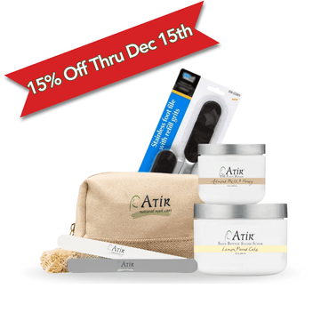 15% Off ATiR natural nail care Barefoot Bliss Pedicure Kit includes natural nail file, buffer, professional grade foot file, ATiR Shea Butter Sugar Scrub, and ATiR PM Foot Repair Cream.