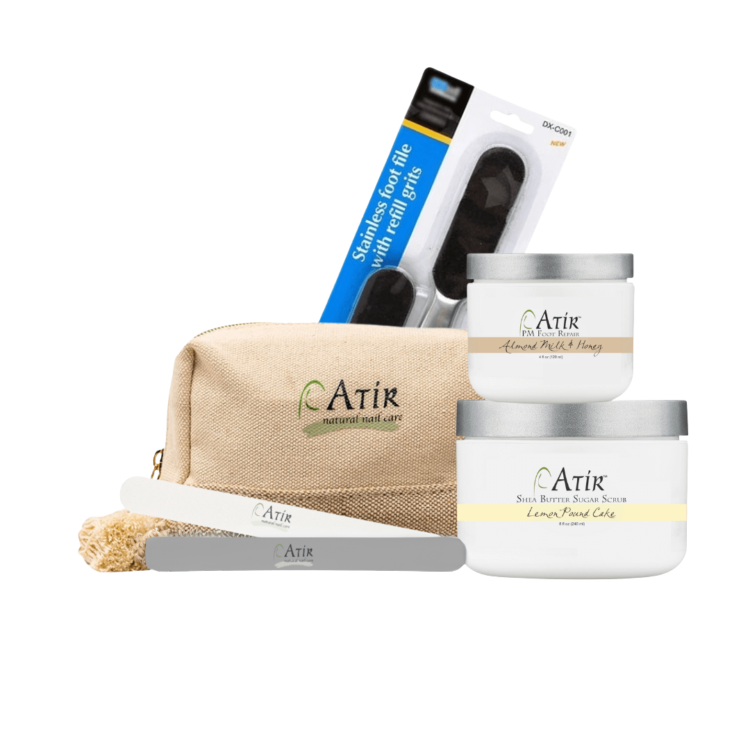 ATiR natural nail care Barefoot Bliss Pedicure Kit includes natural nail file, buffer, professional grade foot file, ATiR Shea Butter Sugar Scrub, and ATiR PM Foot Repair Cream.