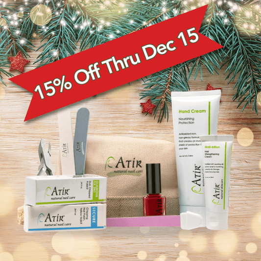 15% Off ATiR Deluxe Natural Nail Care Kit with non-toxic nail polish, base and top coats, Nail-Trition cuticle cream, hand cream, and professional nail tools for complete at-home manicure care.