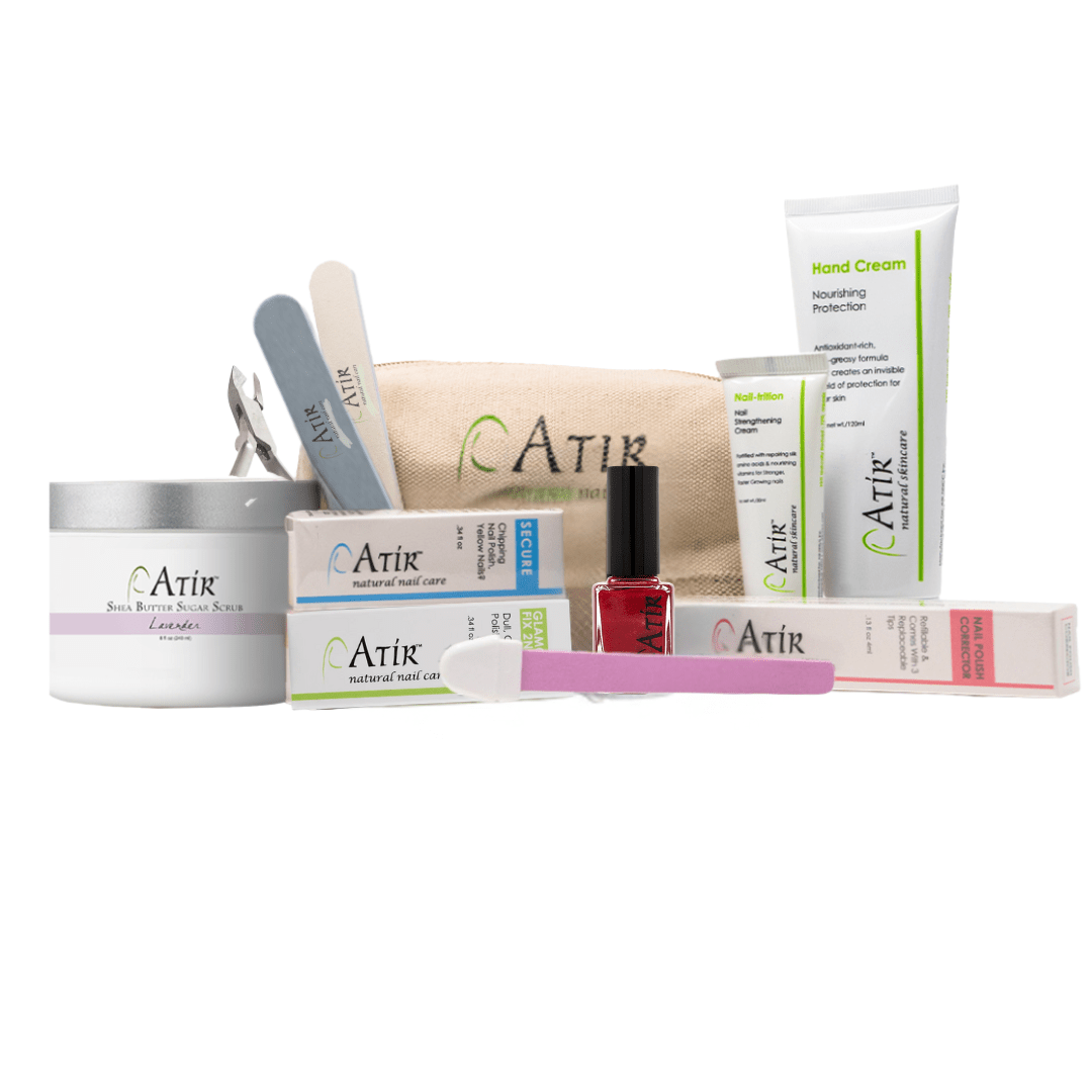 ATiR Deluxe Plus Natural Nail Care Kit with Sugar Scrub, natural nail care tools, non-toxic skin care and polish.