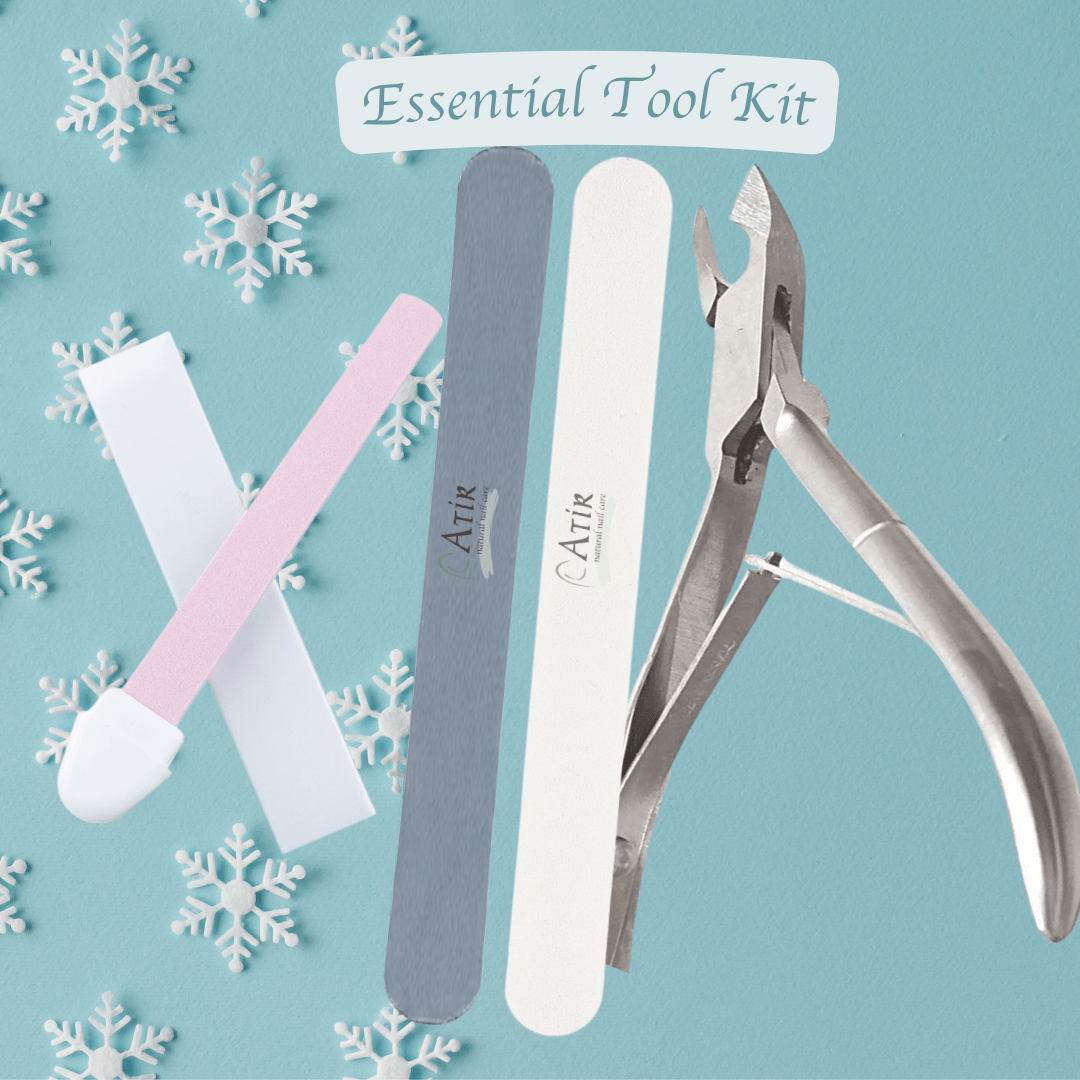 Set of ATiR Natural nail care tools including Polishing Stone, nail file, buffer, nippers