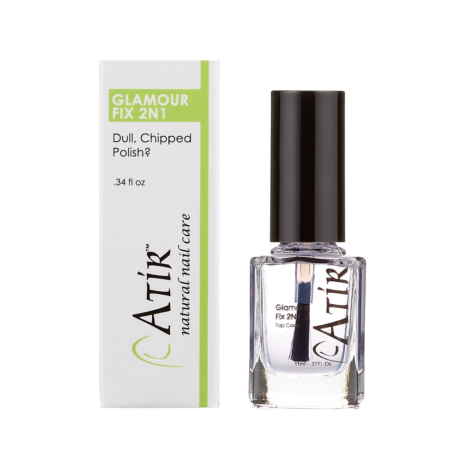 Bottle of ATiR Glamour Fix 2N1 non-toxic top coat for glossy, long-lasting manicures