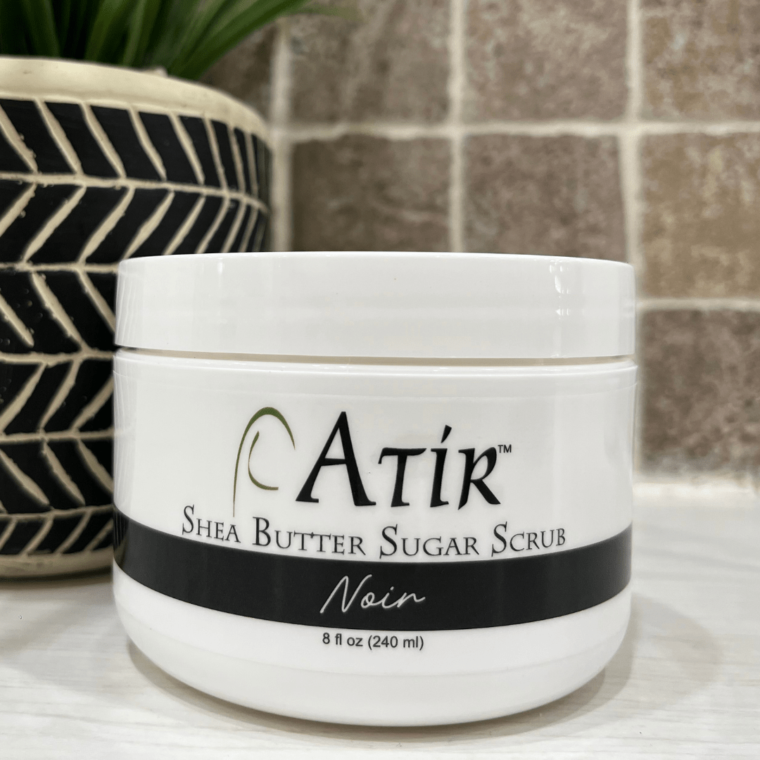 ATiR Noir Whipped Shea Butter Sugar Scrub, sophisticated, non-toxic body exfoliant, bold aroma, smooth skin.
